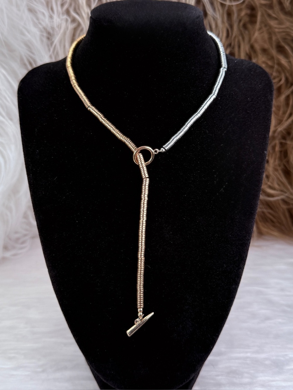 Vintage Two Tone Snake Chain Toggle Y Necklace Gold Silver Tone